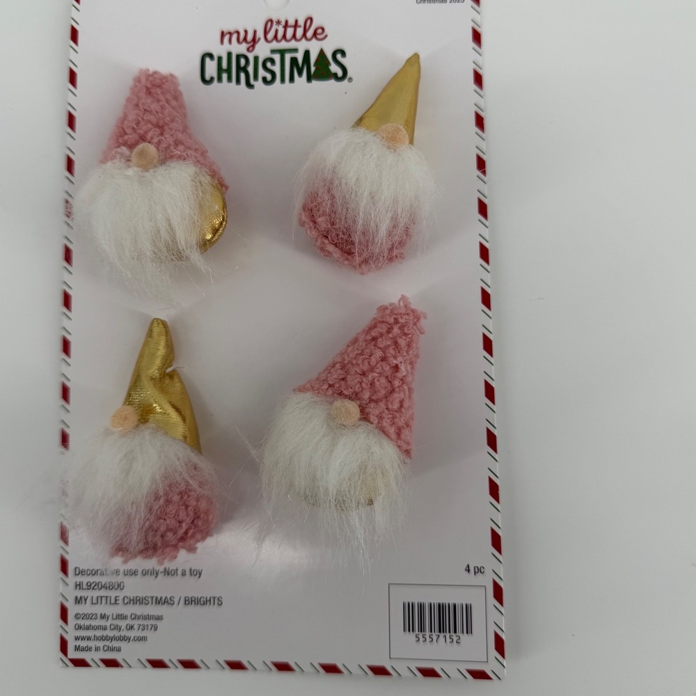 My Little‎ Christmas Gnomes Pink Textured Hats Gold Cone Set of 4 Decorative O